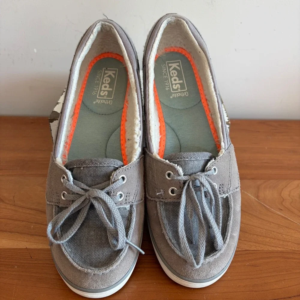 Keds Women Grey Suede Faux Fur Lined Boat Shoe Sneakers WH57280 Size 7